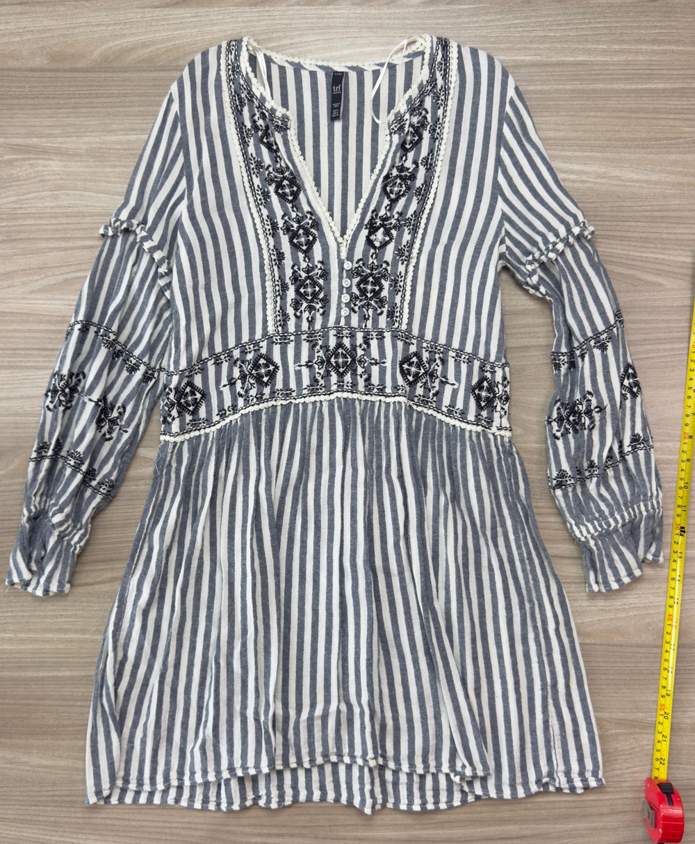 Zara TRF Women's Boho Striped Embroidered Dress Blue White V-Neck Size S Mini